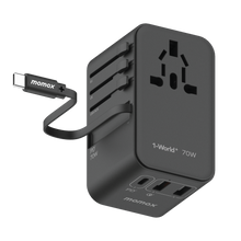 Load image into Gallery viewer, Momax UA18 I-World+ 70W GaN 3-Port + AC Travel Adapter w/ Built-in USB-C Cable
